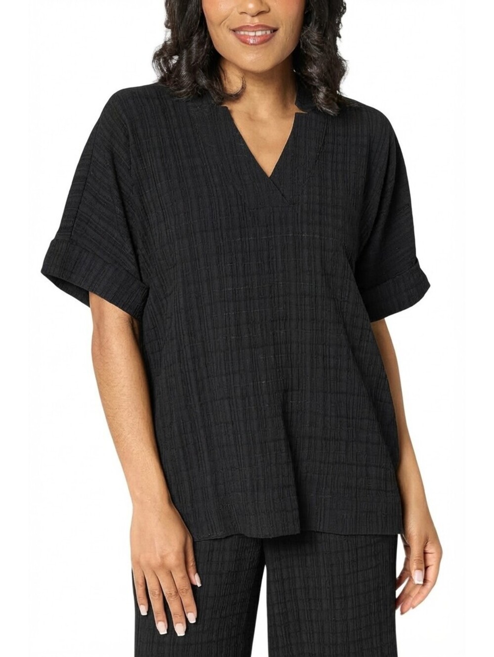Joan Rivers Textured Short Sleeves V Neck Pullover Shirt Black, Size X-Large
